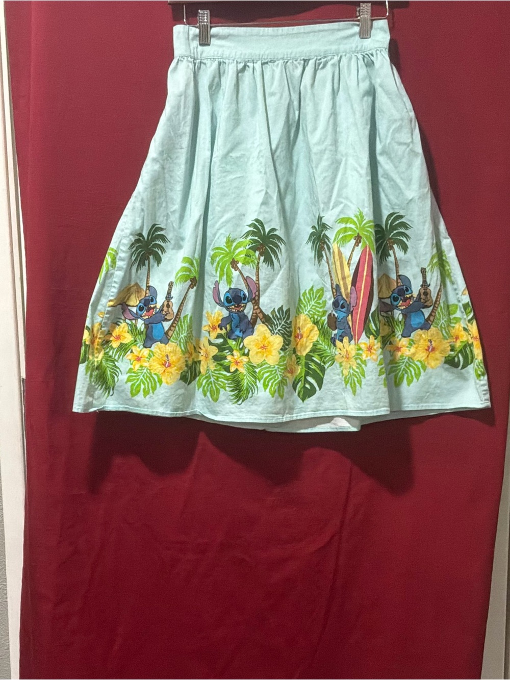 Disney Light Blue A-Line Skirt with Tropical Stitch Border